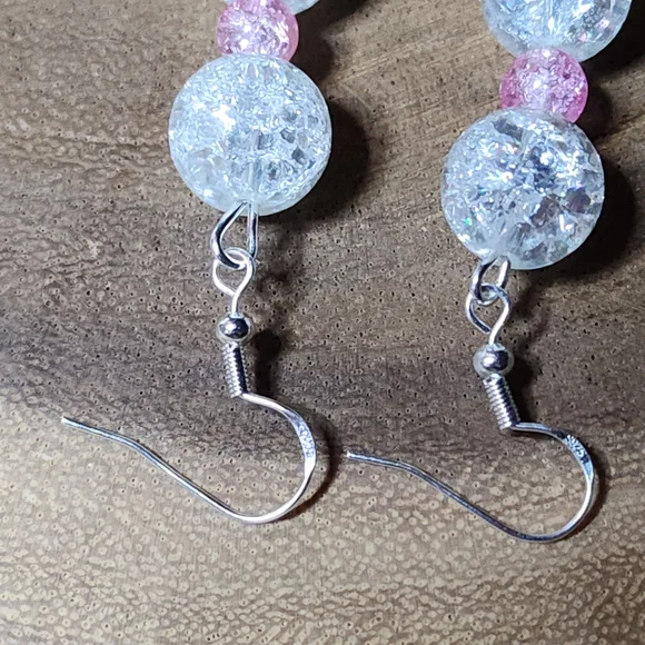 Hand Crafted Pink And Clear Crackled Glass and Silver Toned Dangle Drop Earrings - Picture 3 of 5